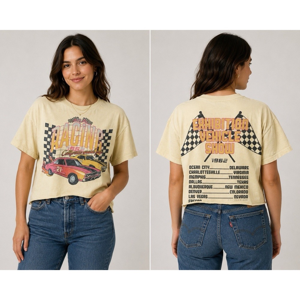 Cotton On Womens XS Cropped Graphic Tee Racing Car Beige Short Sleeve Ivory